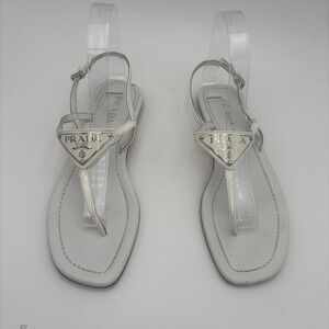 Prada Thong Sandals Triangle Logo T-Strap White Us 8.5 Eur 40